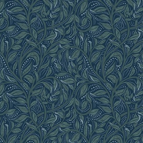 Trailing Teal, Medium Scale, Arts and Crafts, William Morris inspired, Teal Green leaves, Vines, Dot details, Dark Blue Background, Wallpaper, Home decor, upholstery