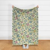 367 - Large scale tossed floral pastel spring colors of soft baby yellow, pink, sky blue and sage green, for floral wallpaper, pretty curtains and duvet covers