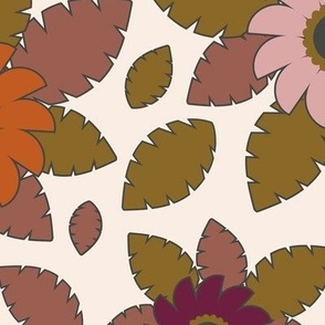 367 - Large scale tossed floral autumn color  in warm bobo  colors of rust, dusty pink, muted oranges, for floral wallpaper, pretty curtains and duvet covers