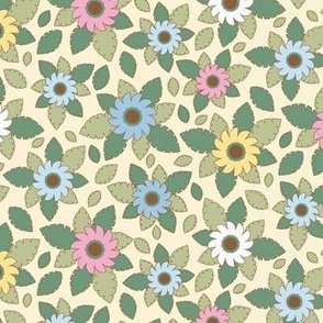 367 - Medium scale t tossed floral pastel spring colors of soft baby yellow, pink, sky blue and sage green, for kids apparel, floral wallpaper, pretty curtains and duvet covers