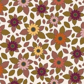 367 - medium scale  tossed floral autumn color  in warm bobo  colors of rust, dusty pink, muted oranges, for floral wallpaper, pretty curtains and duvet covers