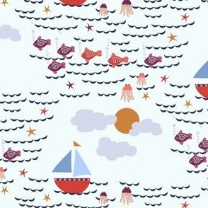 375 - Sailing Boats, fish and sun  in red and blue -  the open ocean with octopus -  for nursery wallpaper, kids decor, curtains, duvet cover and upholstery coastal nautical