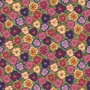 358 - mini scale pansies, pansy, viola, garden in purples, berry pinks, mustards and sage green, for kids apparel, table napkins, table runners, and patchwork and quilting