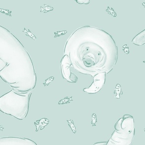 Whimsical Manatee and Fish | Hand-Drawn Colored Pencil Design in Paris White Green
