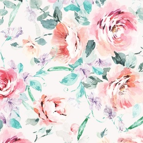 Hand Painted Watercolor Roses And Sweet Peas Maximalist Floral Pattern Large Size _cream_Baby Girl Nursery Women Fashion Fabric