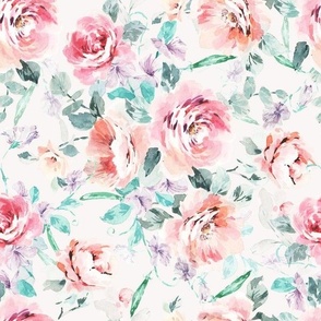 Hand Painted Watercolor Roses And Sweet Peas Maximalist Floral Pattern Medium Size _cream_Quilting Baby Girl Nursery Women Fashion Fabric