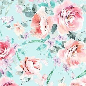 Hand Painted Watercolor Roses And Sweet Peas Maximalist Floral Pattern Large Size_Mint Green_Bedding Wallpaper Fabric Womens Fashion