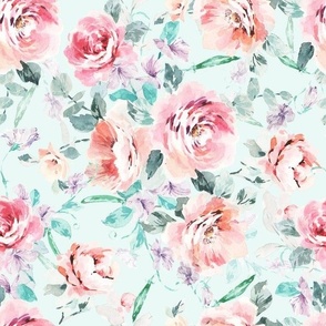 Hand Painted Watercolor Roses And Sweet Peas Maximalist Floral Pattern Medium Size_Mint Green_Bedding Wallpaper Fabric Womens Fashion