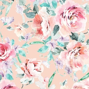 Hand Painted Watercolor Roses And Sweet Peas Maximalist Floral Pattern Large Size_Peach_Bedding Wallpaper Fabric Womens Fashion