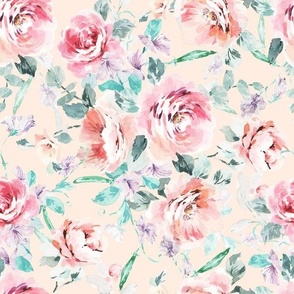 Hand Painted Watercolor Roses And Sweet Peas Maximalist Floral Pattern Medium Size_Peach_Bedding Wallpaper Fabric Womens Fashion