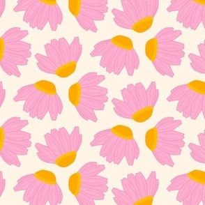 Pink daisies on yellow tossed modern retro (medium)