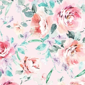 Hand Painted Watercolor Roses And Sweet Peas Maximalist Floral Pattern Large Size_Pink_Bedding Wallpaper Fabric Womens Fashion