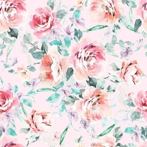 Hand Painted Watercolor Roses And Sweet Peas Maximalist Floral Pattern Medium Size_Pink_Bedding Wallpaper Fabric Womens Fashion