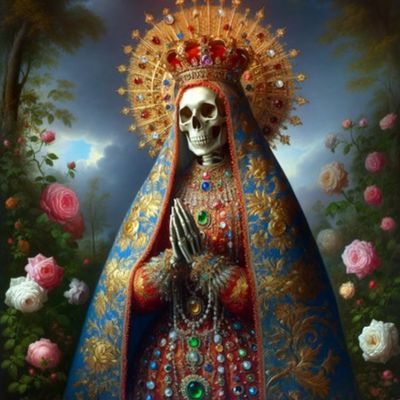 1 gothic praying skeleton virgin mary inspired Santa Muerte Mexican folk Catholicism Neopaganism death Day of the Dead Dia de Muertos lady of death Saint queen crown halo jewelry necklaces bracelets ornate roses garden trees leaves flowers blue sky beauti