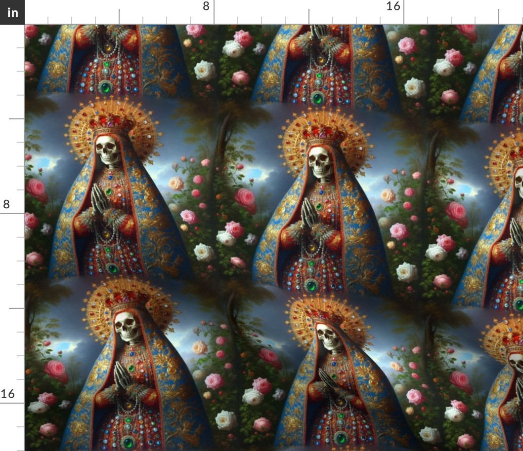 1 gothic praying skeleton virgin mary inspired Santa Muerte Mexican folk Catholicism Neopaganism death Day of the Dead Dia de Muertos lady of death Saint queen crown halo jewelry necklaces bracelets ornate roses garden trees leaves flowers blue sky beauti