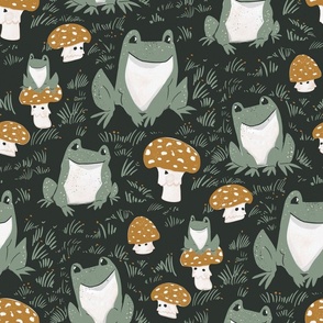 Froogy day in my garden_ cute  frogs and mushrooms_ MOODY DARK  GREEN and OCHRE RUST _Lino cut Block print _MEDIUM  scale