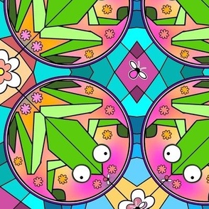 Colorful Frogs at the  Water Lily Pond Stained Glass Kaleidoscope
