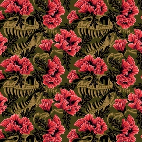 Poppies and T-rex Skulls - Red / Green