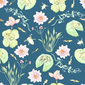 Frog Pond Evolution Watercolour Frogs, Tadpoles and Lilies in Teal Blue/Green
