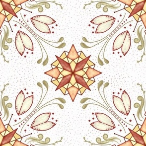 Star Floral Orange Rust Olive Green Yellow Cream