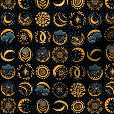 XSmall - Celestial Dreams, Midnight Blue & Golden Hues, moon sun stars and clouds 