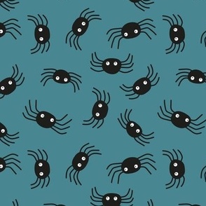 Cutesy fall baby spiders - Spooky creatures halloween design on petrol blue 