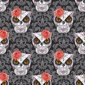 Owl Day of the Dead Gray Damask