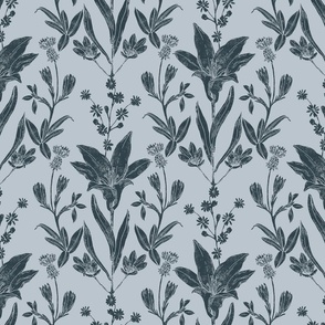 Prairie Lily Block Print Inspired in Galeforce Blue on Upward Blue // Medium Scale