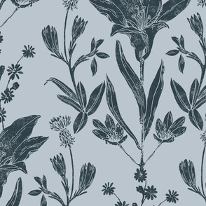 Prairie Lily Block Print Inspired in Galeforce Blue on Upward Blue // Large Scale