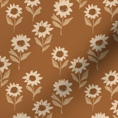 Raw freehand sunflowers in vintage seventies rust beige 