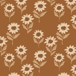 Raw freehand sunflowers in vintage seventies rust beige 