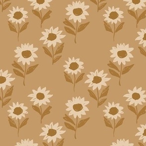 Raw freehand sunflowers in vintage seventies caramel 