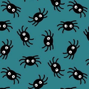 Big eyed cutesy spiders - sweet kawaii halloween monster design on teal blue