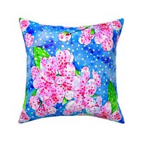 Cherry blossom  on blue and white polka dots watercolor