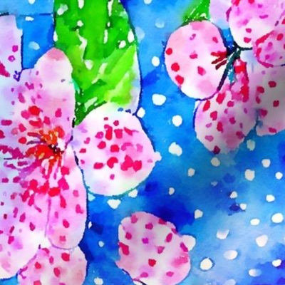 Cherry blossom  on blue and white polka dots watercolor
