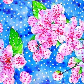 Cherry blossom  on blue and white polka dots watercolor