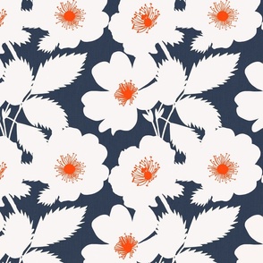 Prairie Rose Flowers Big Red, White And Blue White Forward On Navy Iowa State Flower Silhouette Independence Day Fourth Of July 4th Flag Colors Retro Modern Floral Pattern