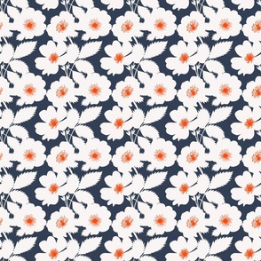 Prairie Rose Flowers Mini Red, White And Blue White Forward On Navy Iowa State Flower Silhouette Independence Day Fourth Of July 4th Flag Colors Retro Modern Floral Pattern