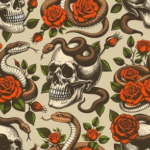Vintage retro dark academia gothic skull and snake and flower