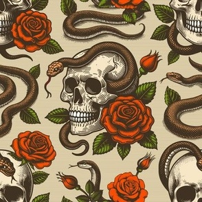 Vintage retro dark academia gothic skull and snake and flower