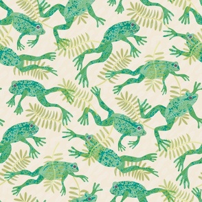 Frogs and fronds (large) - sweet little green frogs having a swim amongst the pond weed in this  textural design.