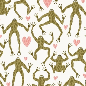 I Heart Frogs -moss green leap frogs and pink hearts on an Off White Background - 24x24 inch repeat - large