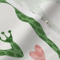 i heart frogs - kelly green leap frogs and pink hearts on an off white background - 24x24 inch repeat - large