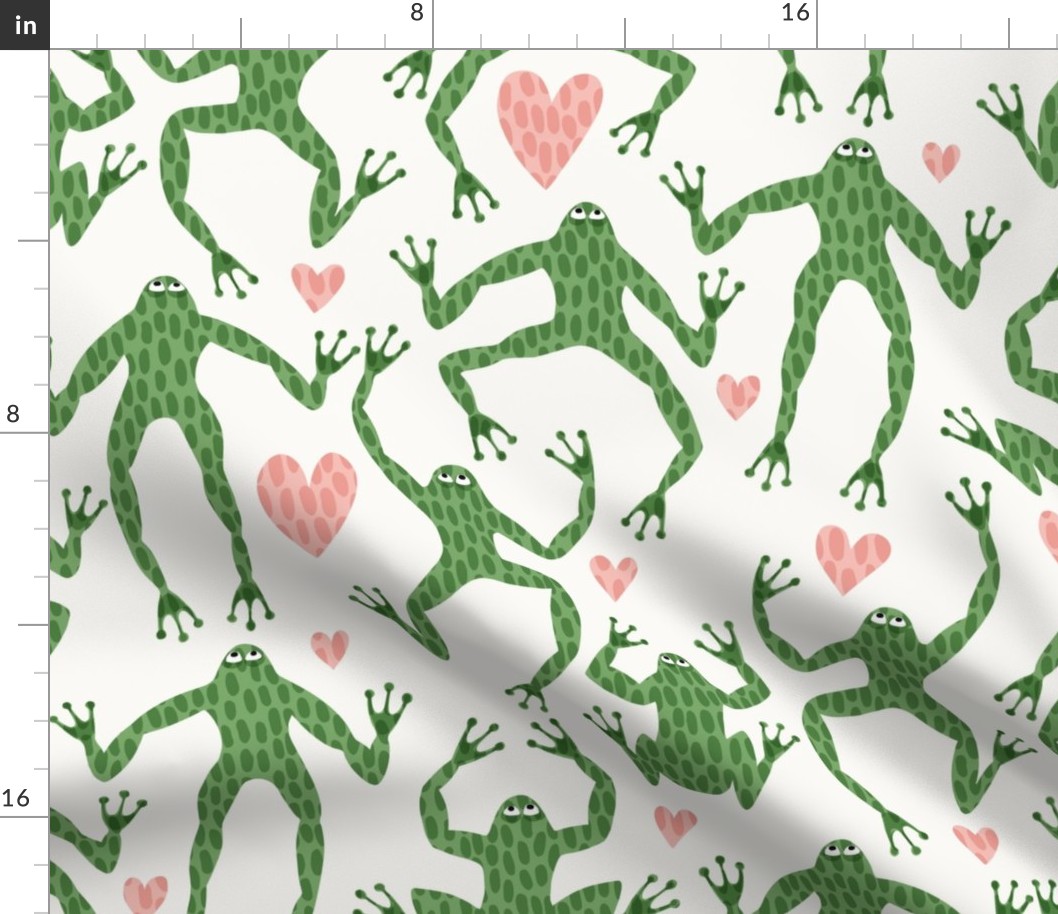 i heart frogs - kelly green leap frogs and pink hearts on an off white background - 24x24 inch repeat - large