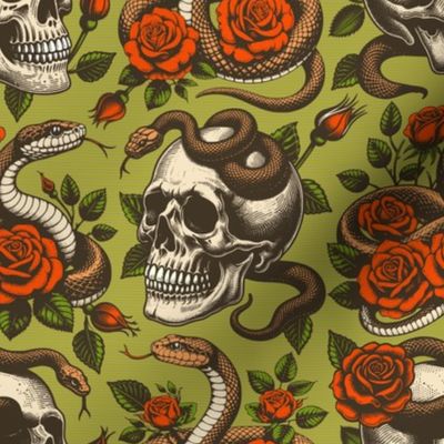 Vintage retro dark academia gothic skull with a snake and rose flower