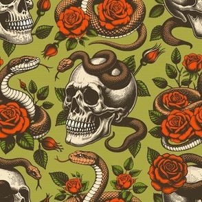 Vintage retro dark academia gothic skull with a snake and rose flower