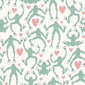 i heart frogs - aqua green leap frogs and pink hearts on an off white background - 12x12 inch repeat - medium