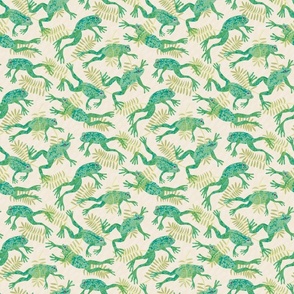 Frogs and fronds (smaller) - sweet little green frogs having a swim amongst the pond weed in this  textural design.