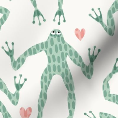 i heart frogs - aqua green leap frogs and pink hearts on an off white background - 24x24 inch repeat - large