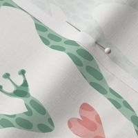 i heart frogs - aqua green leap frogs and pink hearts on an off white background - 24x24 inch repeat - large